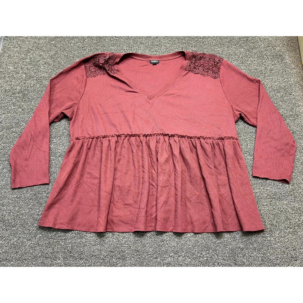 Torrid Babydoll Top Women 3 Pink Pleated Insert Lace Long Sleeve V Neck Pullover